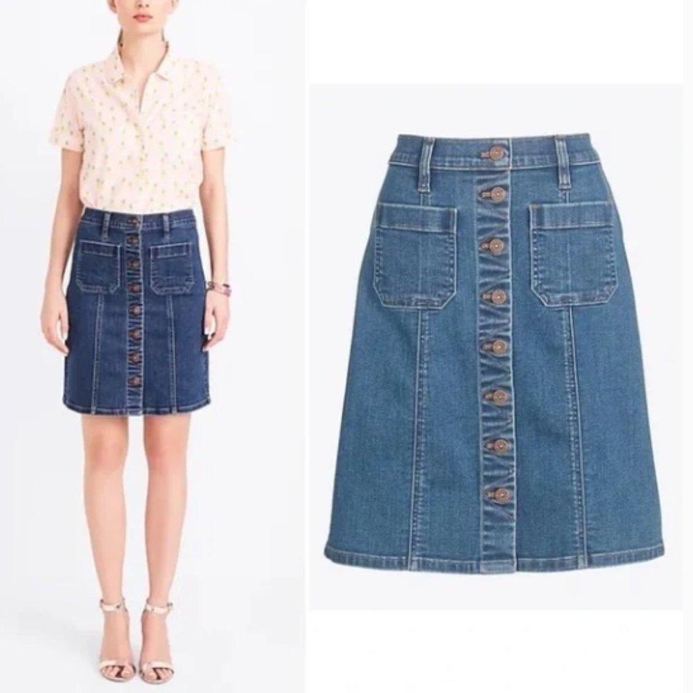 J. Crew Denim Button Front Medium Wash Mini Skirt Blue Preppy Relaxed Fit